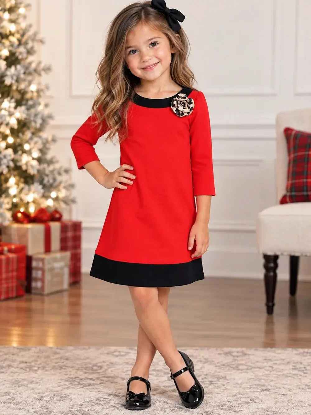 Janie and Jack Girls Size 6 Red Black Colorblock Dress Floral Rosette
